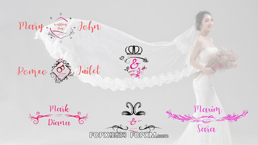 FCPX模板 创意喜庆浪漫动态婚礼全屏标题合集模板下载